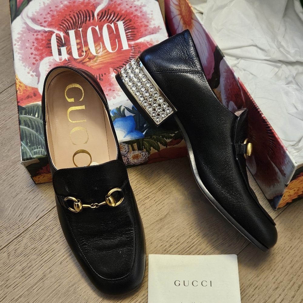 Gucci Black Leather Loafers with Gold Accent